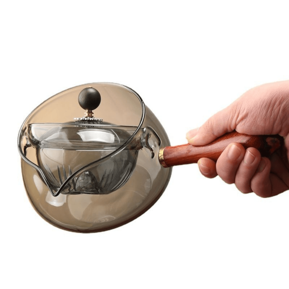 Ceainic japonez cu infuzor Koken.ro, ceainic din Sticla borosilicată rotativ la 360 de grade cu mâner lateral Lemn, Rezistent la temperaturi extreme 150℃, - köken