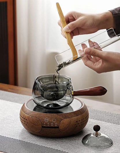 Ceainic japonez cu infuzor Koken.ro, ceainic din Sticla borosilicată rotativ la 360 de grade cu mâner lateral Lemn, Rezistent la temperaturi extreme 150℃, - köken