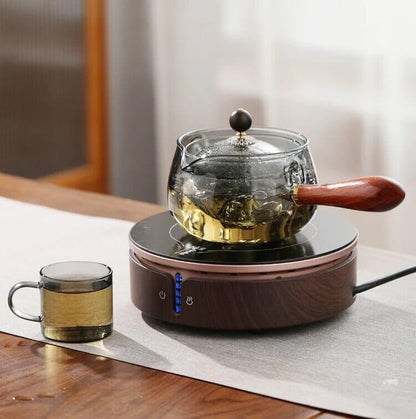 Ceainic japonez cu infuzor Koken.ro, ceainic din Sticla borosilicată rotativ la 360 de grade cu mâner lateral Lemn, Rezistent la temperaturi extreme 150℃, - köken