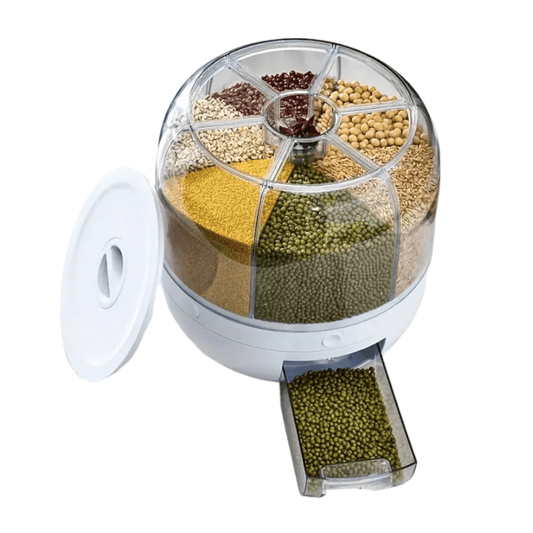 Dispenser Cereale Rotativ Koken.ro - Organizator și Dozator cu 6 compartimente x 0,5kg, Verde/Alb, 27 x 27 x 24cm - köken