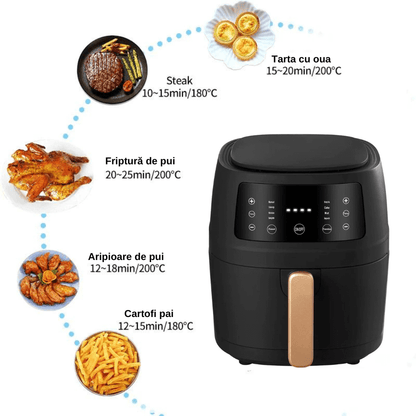 Friteuza cu aer cald Koken.ro, Air Fryer Optiune Sanatoasa-fara ulei, Putere 900W, 8 programe, capacitate 8L, temperatura ajustabila,vas detasabil, 32x25,5 cm, Negru - köken