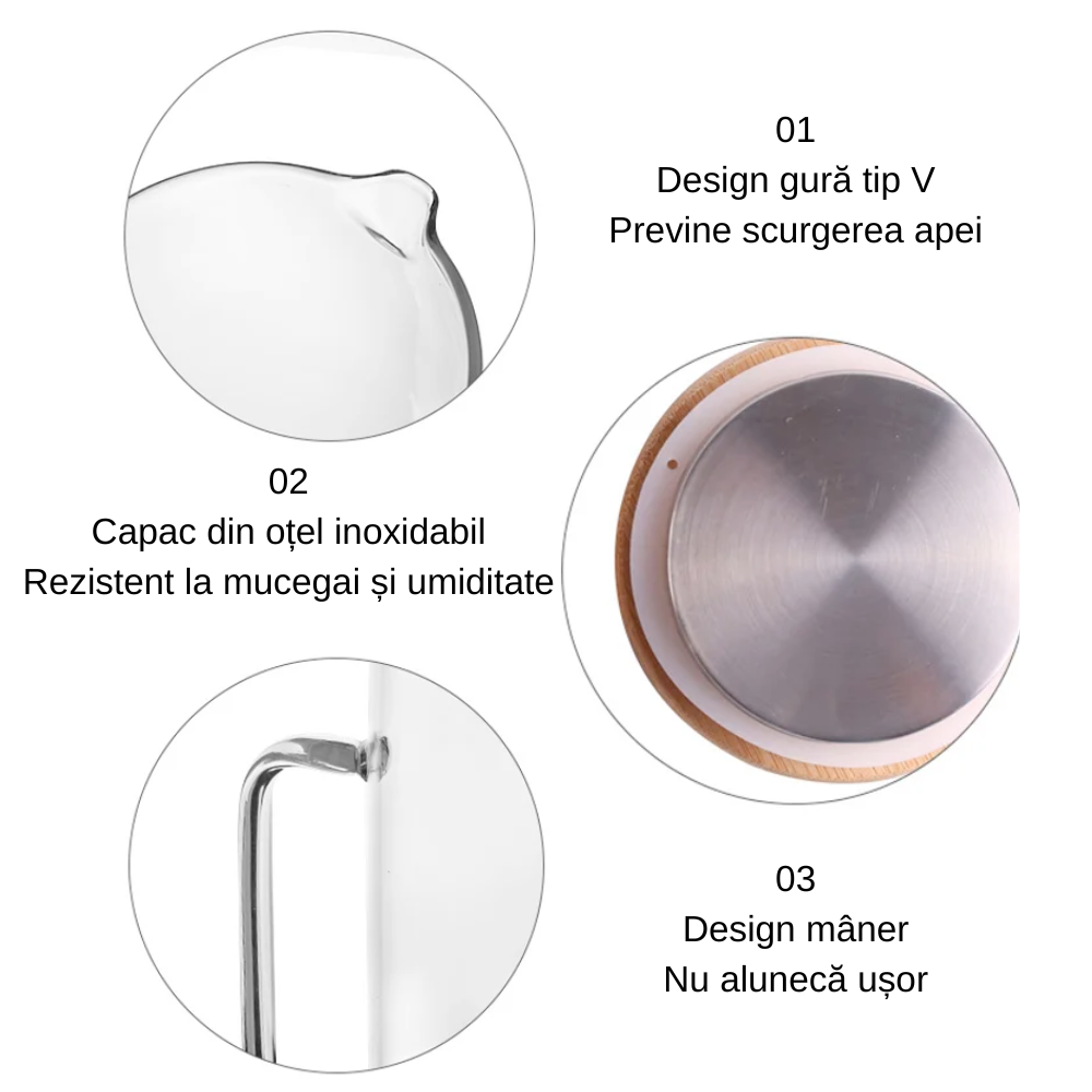 Carafa Pentru Apa din sticla borosilicată Koken, recipient cu Capac din bambus si otel inoxidabil, Ulcior 26 x 8,5 cm, 1500ml, Transparent/Lemn
