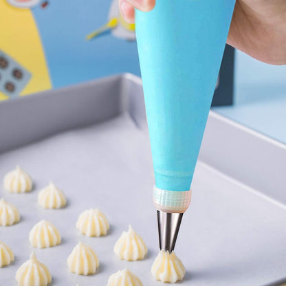 Set Patiserie/Cofetarie Koken, 35 piese, duiuri pentru ornat si decorat prajituri, torturi, Otel inoxidabil/Silicon, Argintiu/Albastru