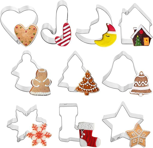 Forme pentru Fursecuri Craciun Koken, Otel inoxidabil, Set 10 forme de taiat prajituri, Model Craciun, Argintiu