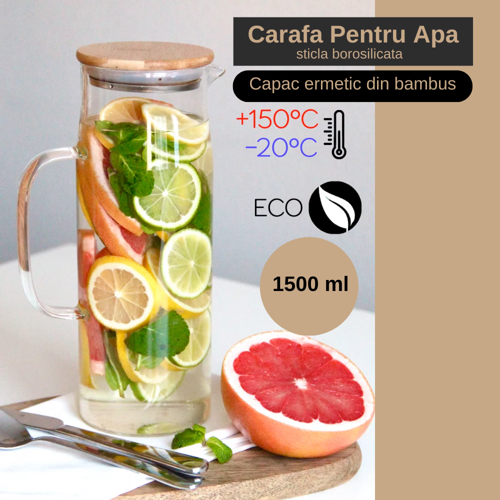 Carafa Pentru Apa din sticla borosilicată Koken, recipient cu Capac din bambus si otel inoxidabil, Ulcior 26 x 8,5 cm, 1500ml, Transparent/Lemn