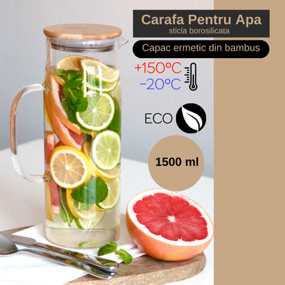 Carafa Pentru Apa din sticla borosilicată Koken, recipient cu Capac din bambus si otel inoxidabil, Ulcior 26 x 8,5 cm, 1500ml, Transparent/Lemn