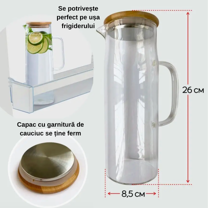 Carafa Pentru Apa din sticla borosilicată Koken, recipient cu Capac din bambus si otel inoxidabil, Ulcior 26 x 8,5 cm, 1500ml, Transparent/Lemn