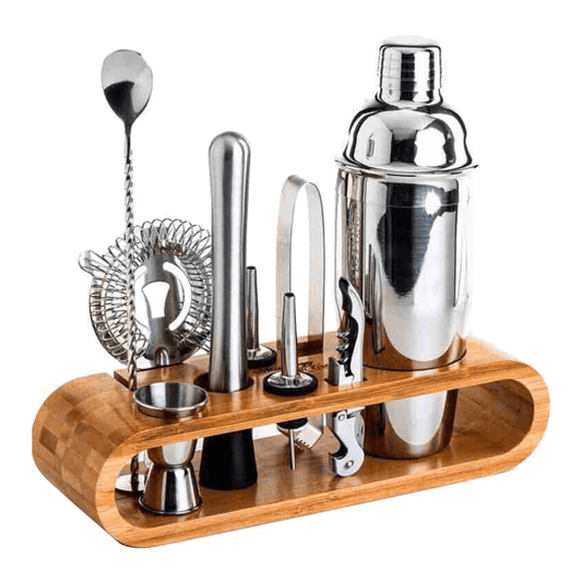 Set de Barman pentru Bauturi Koken.ro, Kit pentru barmani din 9 piese Otel inoxidabil, Suport din Bambus, Shaker Cobbler 750 ml, Argintiu - köken