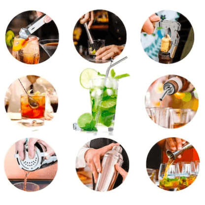 Set de Barman pentru Bauturi Koken.ro, Kit pentru barmani din 9 piese Otel inoxidabil, Suport din Bambus, Shaker Cobbler 750 ml, Argintiu - köken