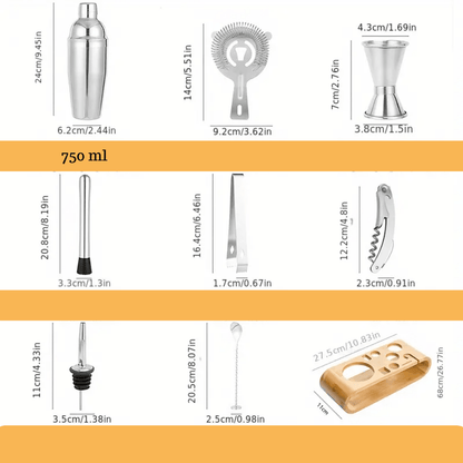 Set de Barman pentru Bauturi Koken.ro, Kit pentru barmani din 9 piese Otel inoxidabil, Suport din Bambus, Shaker Cobbler 750 ml, Argintiu - köken