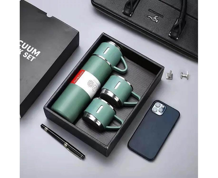 Set Termos Ecologic INOX Koken.ro, perete dublu, durabilitate 12h, Termos 500 ml + 3 cesti x 150ml, Verde - köken